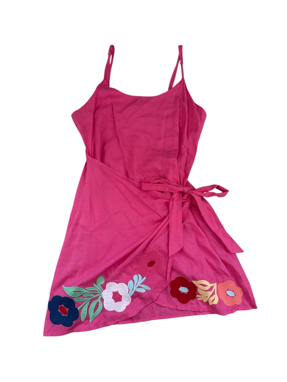J.Marie Linen Blend Embroidered Tie Wrap Waist Mini Dress | Pink | Medium